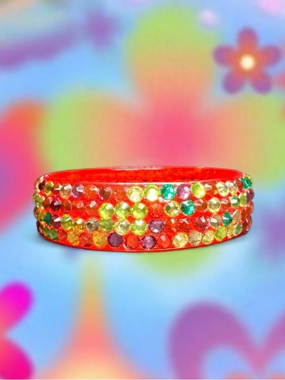 Colorful Crystal-Embellished Red Bangle Bracelet
